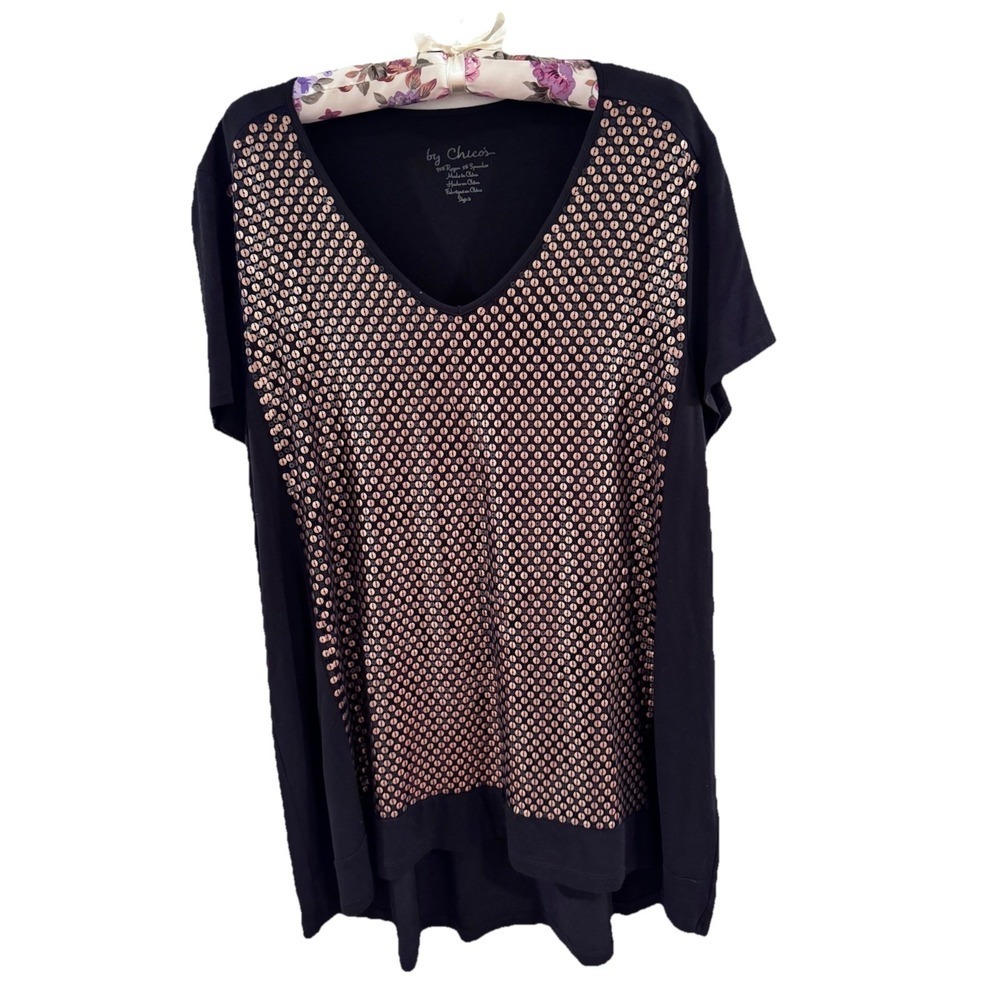 Chico's Black Gold Sequin Top‎ Round Neck Soft Stretch Stretchy Large Festival